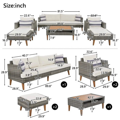 GO 6-Pieces All Weather PE Wicker Sofa Set with Double Cushions, Wood Legs, Beige and Gray Default -DTYStore