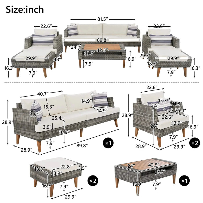 GO 6-Pieces All Weather PE Wicker Sofa Set with Double Cushions, Wood Legs, Beige and Gray Default -DTYStore
