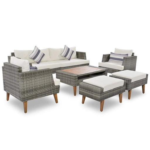 GO 6-Pieces All Weather PE Wicker Sofa Set with Double Cushions, Wood Legs, Beige and Gray Default -DTYStore