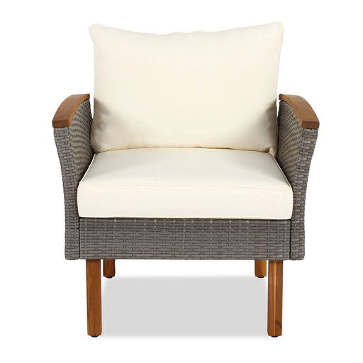 GO 9-Piece Patio Rattan Furniture Set, Outdoor Conversation Set With Acacia Wood Legs and Tabletop, PE Rattan Sectional Sofa Set with Coffee Table, Washable Cushion, Beige Default -DTYStore