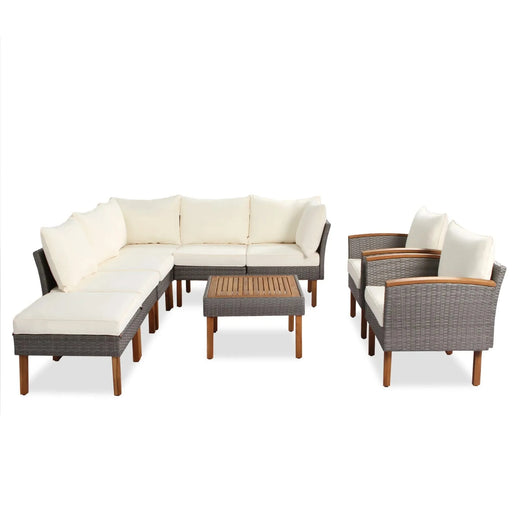 GO 9-Piece Patio Rattan Furniture Set, Outdoor Conversation Set With Acacia Wood Legs and Tabletop, PE Rattan Sectional Sofa Set with Coffee Table, Washable Cushion, Beige Default -DTYStore