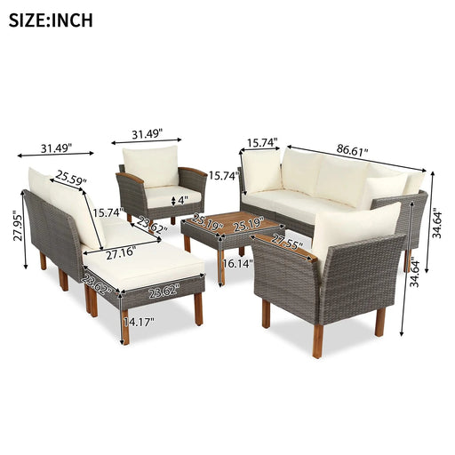 GO 9-Piece Patio Rattan Furniture Set, Outdoor Conversation Set With Acacia Wood Legs and Tabletop, PE Rattan Sectional Sofa Set with Coffee Table, Washable Cushion, Beige Default -DTYStore