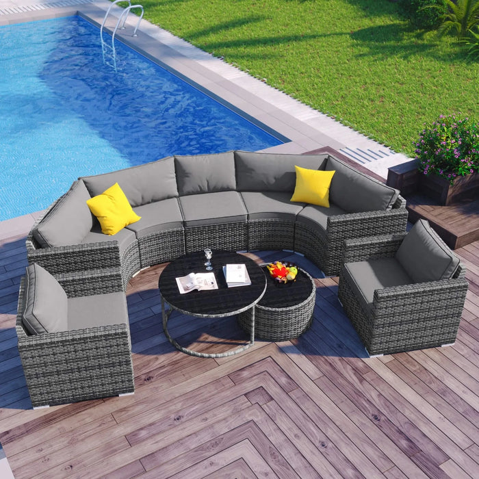 GO 9-Pieces Outdoor Half-moon Patio Sofa Set, Round Sofa Set, Modern Style Sofa, Gray Wicker Default -DTYStore