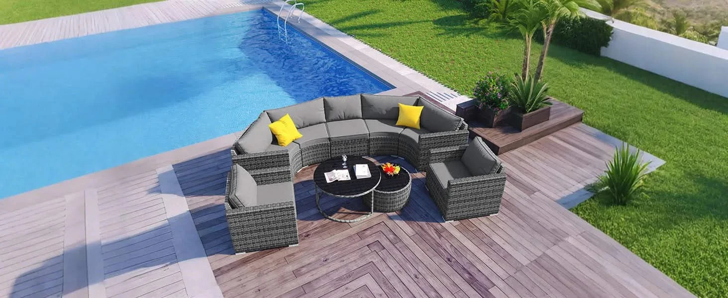 GO 9-Pieces Outdoor Half-moon Patio Sofa Set, Round Sofa Set, Modern Style Sofa, Gray Wicker Default -DTYStore