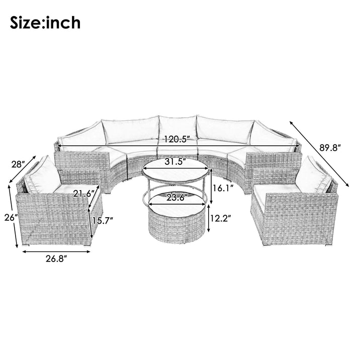 GO 9-Pieces Outdoor Half-moon Patio Sofa Set, Round Sofa Set, Modern Style Sofa, Gray Wicker Default -DTYStore