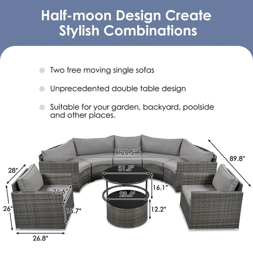 GO 9-Pieces Outdoor Half-moon Patio Sofa Set, Round Sofa Set, Modern Style Sofa, Gray Wicker Default -DTYStore