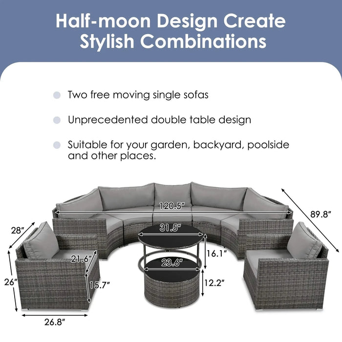 GO 9-Pieces Outdoor Half-moon Patio Sofa Set, Round Sofa Set, Modern Style Sofa, Gray Wicker Default -DTYStore