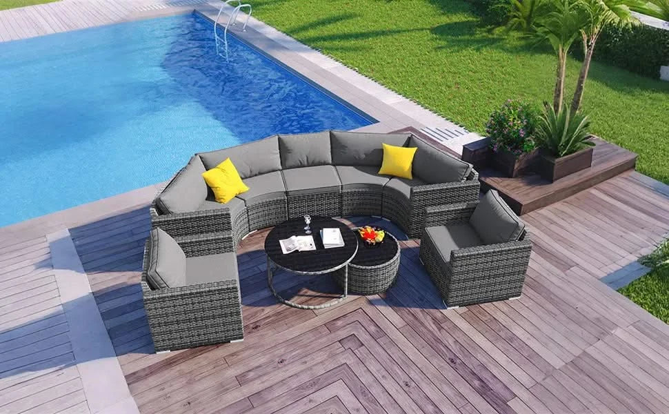 GO 9-Pieces Outdoor Half-moon Patio Sofa Set, Round Sofa Set, Modern Style Sofa, Gray Wicker Default -DTYStore