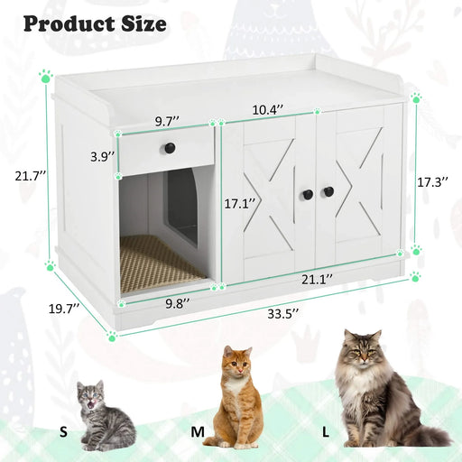 GO Cat Litter Box Enclosure, Litter Box Furniture Hidden with Cat Litter Mat, Indoor Cat House with Storage Drawer Side Table, Farmhouse Style Cat Box Cabinet for Living Room, White Default -DTYStore
