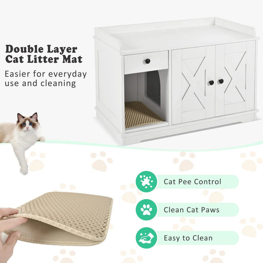 GO Cat Litter Box Enclosure, Litter Box Furniture Hidden with Cat Litter Mat, Indoor Cat House with Storage Drawer Side Table, Farmhouse Style Cat Box Cabinet for Living Room, White Default -DTYStore