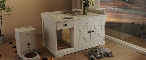 GO Cat Litter Box Enclosure, Litter Box Furniture Hidden with Cat Litter Mat, Indoor Cat House with Storage Drawer Side Table, Farmhouse Style Cat Box Cabinet for Living Room, White Default -DTYStore