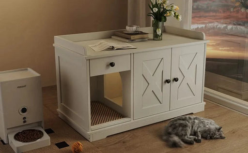 GO Cat Litter Box Enclosure, Litter Box Furniture Hidden with Cat Litter Mat, Indoor Cat House with Storage Drawer Side Table, Farmhouse Style Cat Box Cabinet for Living Room, White Default -DTYStore