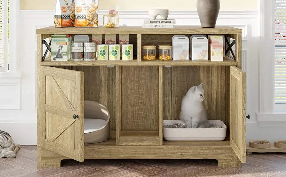 GO Cat Litter Box Enclosure for 2 Cats, Double Hidden Litter Box Furniture Cat Washroom, Farmhouse Indoor Cat House End Table, Brown Default -DTYStore