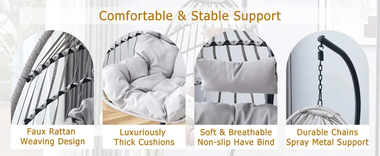 GRHeavy-Duty Iron Hanging Chair with Wicker Weave – Single Person Swing for Indoor/Outdoor (Gray) Default -DTYStore