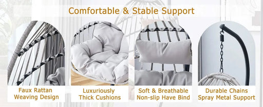 GRHeavy-Duty Iron Hanging Chair with Wicker Weave – Single Person Swing for Indoor/Outdoor (Gray) Default -DTYStore