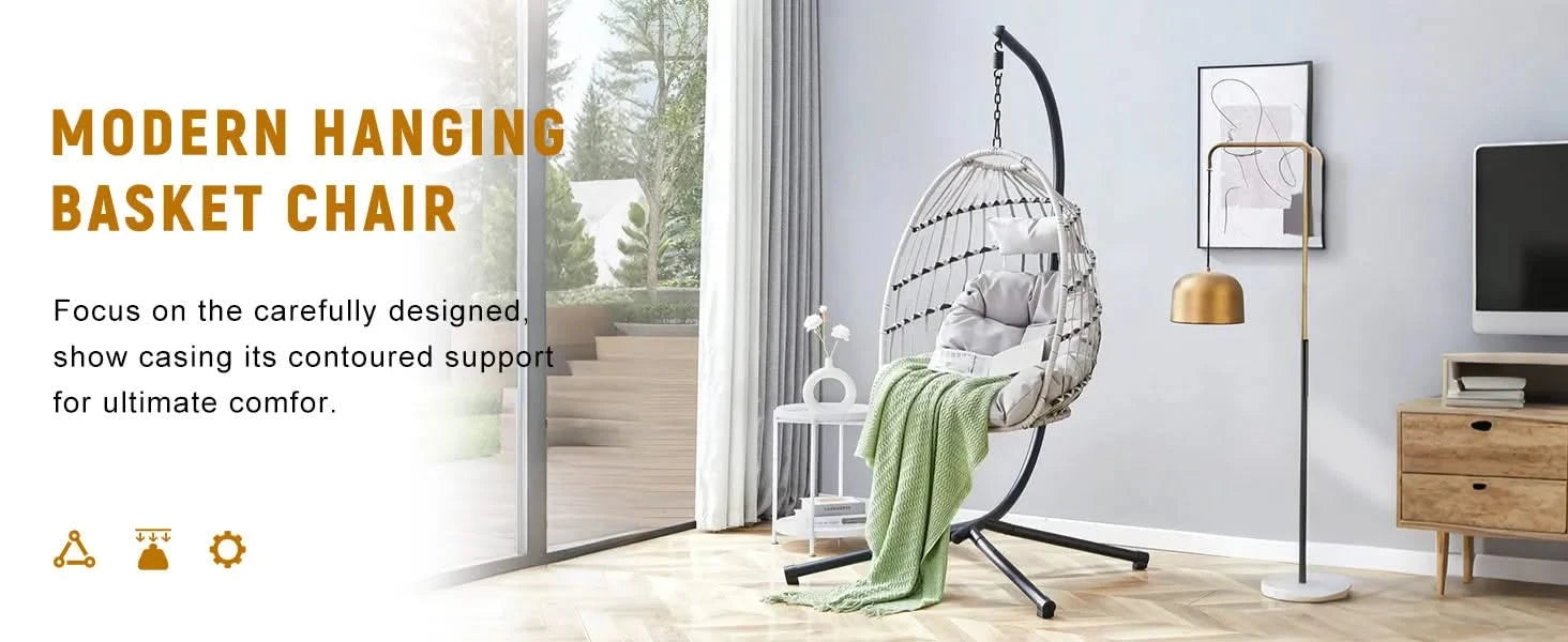 GRHeavy-Duty Iron Hanging Chair with Wicker Weave – Single Person Swing for Indoor/Outdoor (Gray) Default -DTYStore