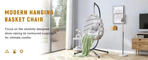 GRHeavy-Duty Iron Hanging Chair with Wicker Weave – Single Person Swing for Indoor/Outdoor (Gray) Default -DTYStore