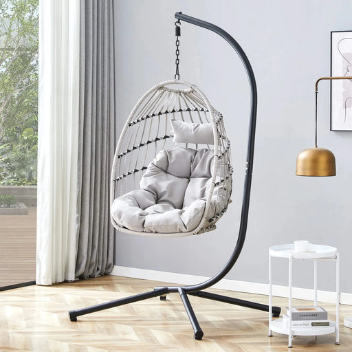 GRHeavy-Duty Iron Hanging Chair with Wicker Weave – Single Person Swing for Indoor/Outdoor (Gray) Default -DTYStore