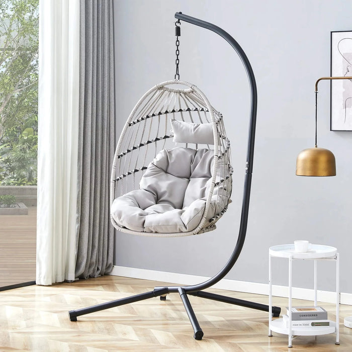 GRHeavy-Duty Iron Hanging Chair with Wicker Weave – Single Person Swing for Indoor/Outdoor (Gray) Default -DTYStore