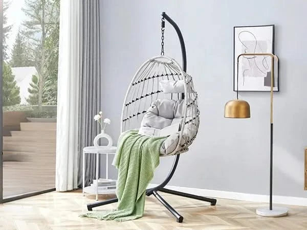 GRHeavy-Duty Iron Hanging Chair with Wicker Weave – Single Person Swing for Indoor/Outdoor (Gray) Default -DTYStore