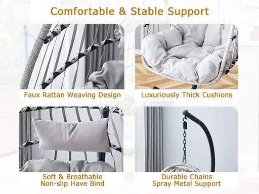 GRHeavy-Duty Iron Hanging Chair with Wicker Weave – Single Person Swing for Indoor/Outdoor (Gray) Default -DTYStore