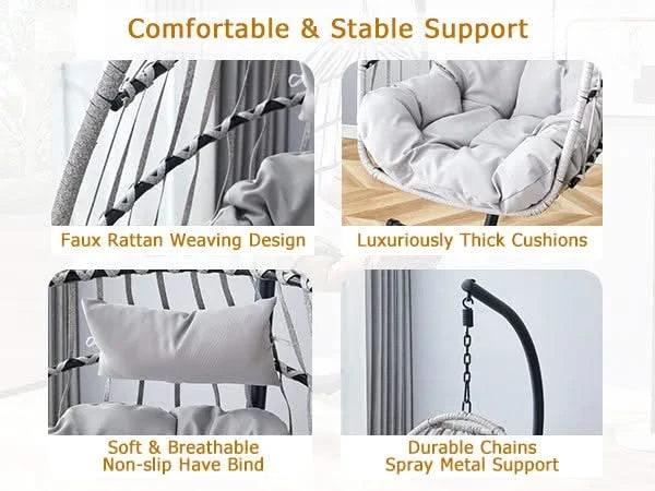 GRHeavy-Duty Iron Hanging Chair with Wicker Weave – Single Person Swing for Indoor/Outdoor (Gray) Default -DTYStore