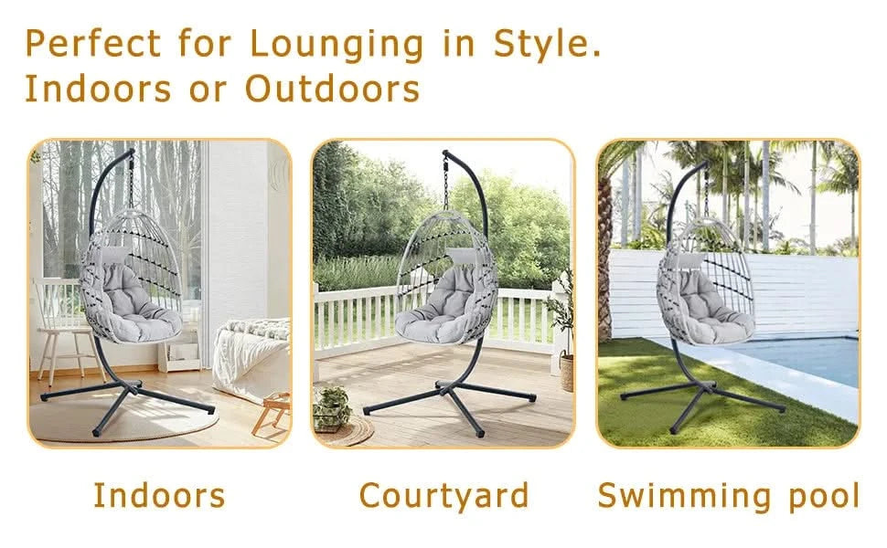 GRHeavy-Duty Iron Hanging Chair with Wicker Weave – Single Person Swing for Indoor/Outdoor (Gray) Default -DTYStore