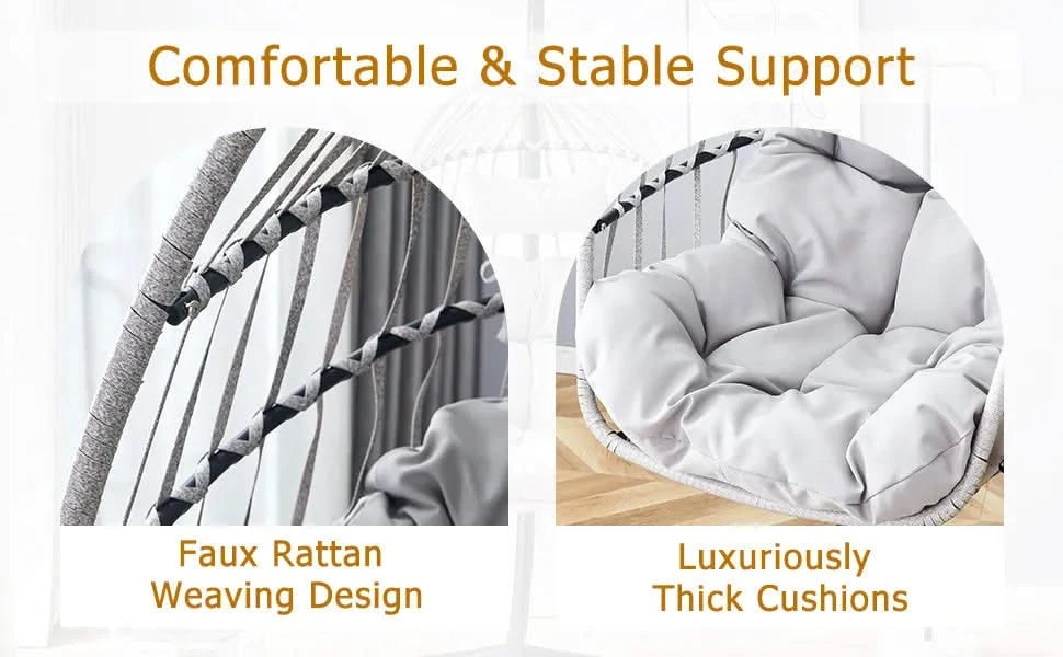 GRHeavy-Duty Iron Hanging Chair with Wicker Weave – Single Person Swing for Indoor/Outdoor (Gray) Default -DTYStore