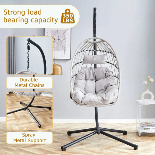 GRHeavy-Duty Iron Hanging Chair with Wicker Weave – Single Person Swing for Indoor/Outdoor (Gray) Default -DTYStore