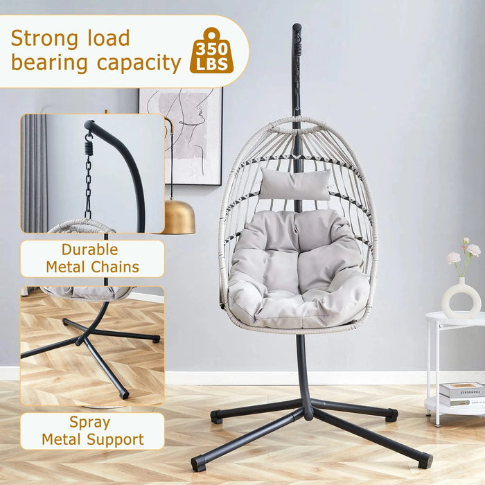 GRHeavy-Duty Iron Hanging Chair with Wicker Weave – Single Person Swing for Indoor/Outdoor (Gray) Default -DTYStore