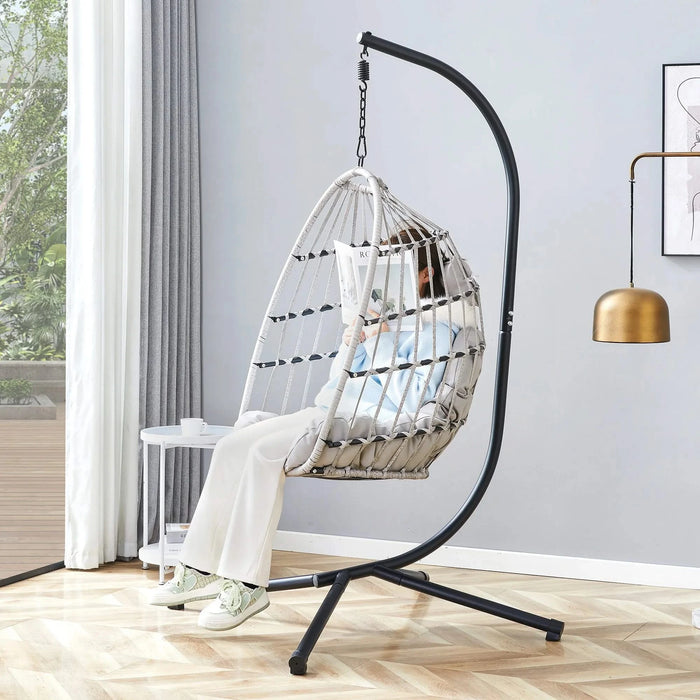 GRHeavy-Duty Iron Hanging Chair with Wicker Weave – Single Person Swing for Indoor/Outdoor (Gray) Default -DTYStore