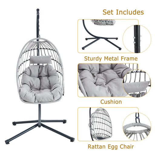 GRHeavy-Duty Iron Hanging Chair with Wicker Weave – Single Person Swing for Indoor/Outdoor (Gray) Default -DTYStore
