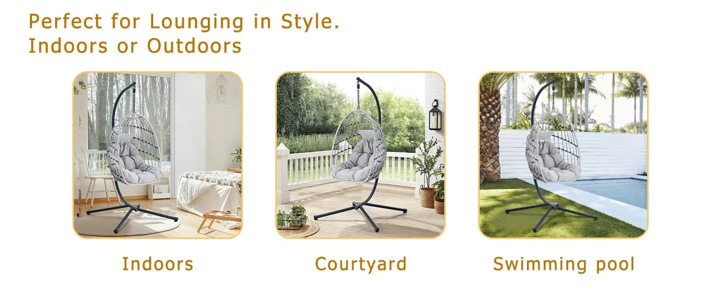 GRHeavy-Duty Iron Hanging Chair with Wicker Weave – Single Person Swing for Indoor/Outdoor (Gray) Default -DTYStore