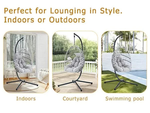 GRHeavy-Duty Iron Hanging Chair with Wicker Weave – Single Person Swing for Indoor/Outdoor (Gray) Default -DTYStore