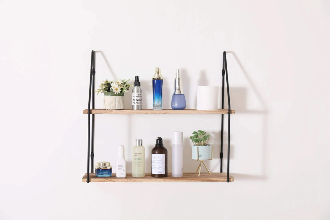 Gardenia Floating Shelf with Metal Brackets, Wall Mounted Rustic Wood Wall Storage, Decorative Hanging Display for Trophy, Photo Frames, Collectibles, and Much More (2-Tier – Natural Wood) Default -DTYStore
