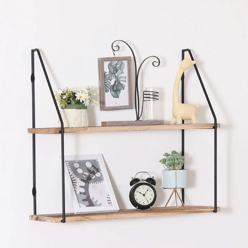 Gardenia Floating Shelf with Metal Brackets, Wall Mounted Rustic Wood Wall Storage, Decorative Hanging Display for Trophy, Photo Frames, Collectibles, and Much More (2-Tier – Natural Wood) Default -DTYStore