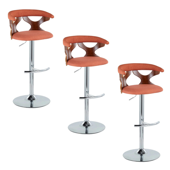 Gardenia Mid-Century Modern Adjustable Barstool with Swivel in Chrome Metal, Walnut Wood and Orange Fabric with Rounded T Footrest by LumiSource - Set of 3 Default -DTYStore