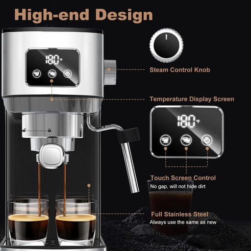 Geek Chef Espresso Machine, Cappuccino & Latte Machine with ESE POD Filter & Milk Frother Steam Wand, Accurate Temperature & Time Control, Compact Coffee Machine for Home,Stainless Steel Default -DTYStore
