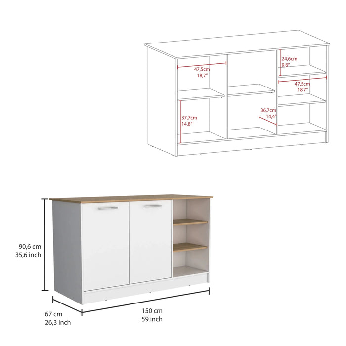 Ginger Kitchen Island, Three Open Shelves, Two Cabinets Default -DTYStore