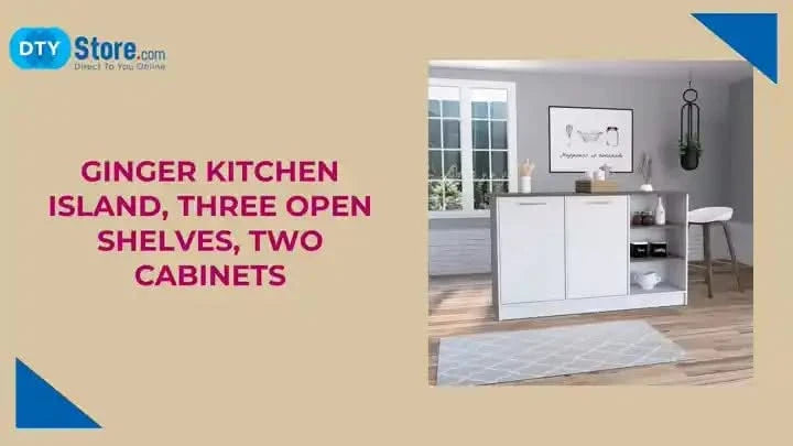 Ginger Kitchen Island, Three Open Shelves, Two Cabinets Default -DTYStore