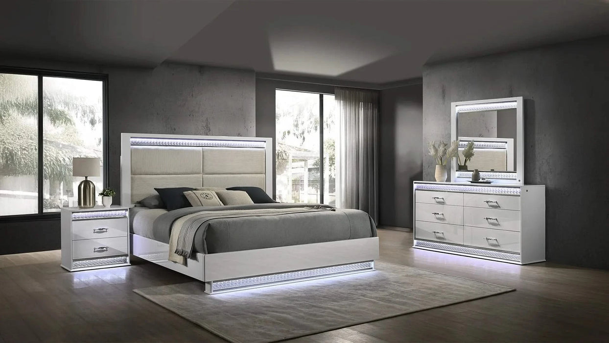 Glam Modern Style 4 Pc Queen Bedroom Set with LED Headboard Made with Wood in White Default -DTYStore