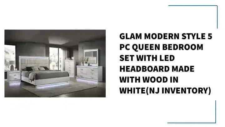 Glam Modern Style 5 Pc Queen Bedroom Set with LED Headboard Made with Wood in White(NJ INVENTORY) Default -DTYStore