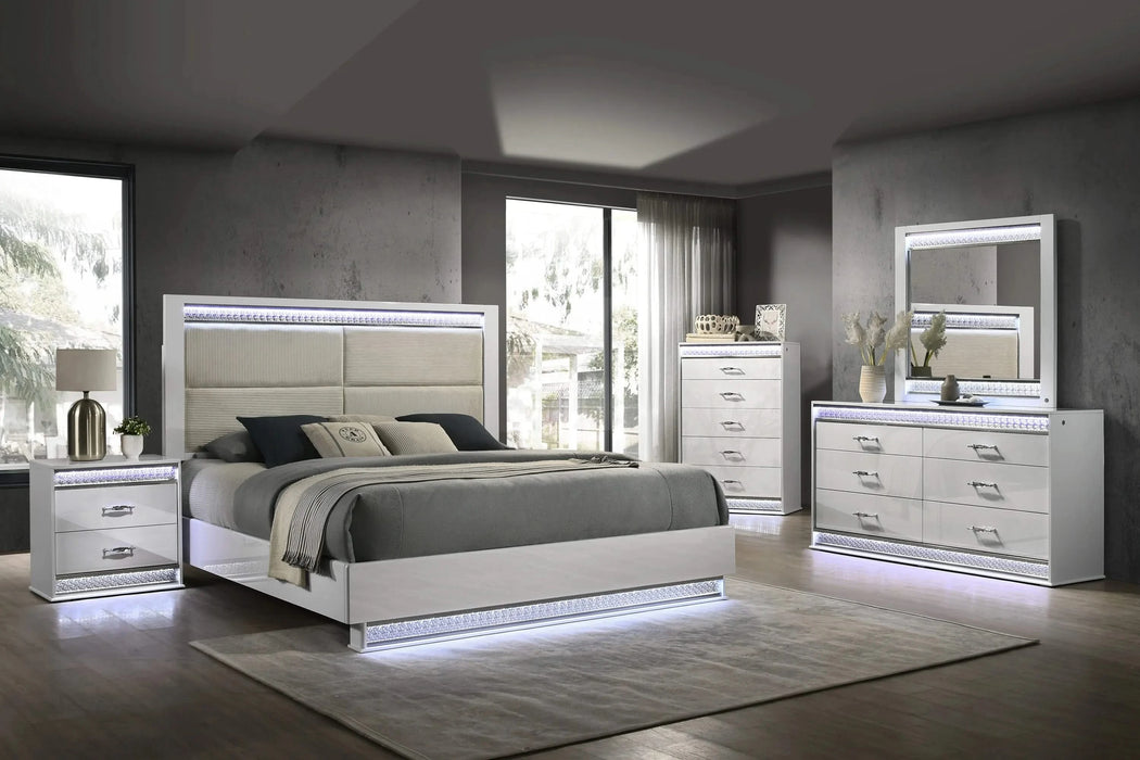 Glam Modern Style 5 Pc Queen Bedroom Set with LED Headboard Made with Wood in White(NJ INVENTORY) Default -DTYStore