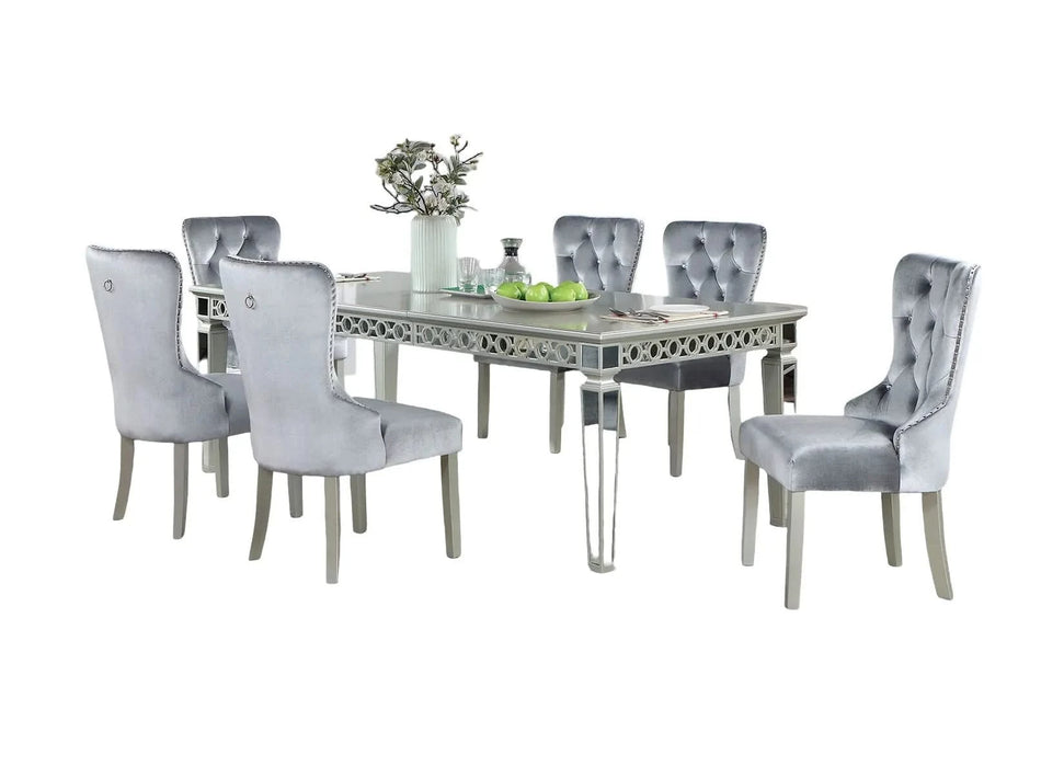 Glam Silver And Dark Gray 7pc Dining Set Table w Leaf Wingback 6x Chairs Acrylic Tufted Dining Room Furniture Default -DTYStore