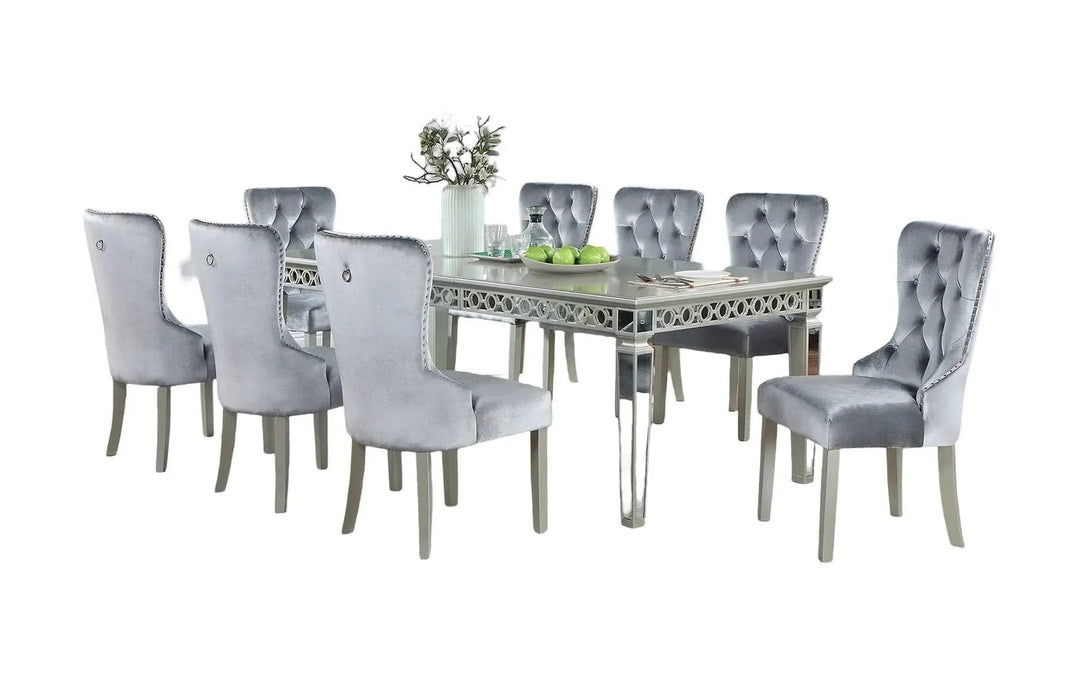 Glam Silver And Dark Gray 9pc Dining Set Table w Leaf Wingback Chairs Acrylic Tufted Dining Room Furniture Default -DTYStore