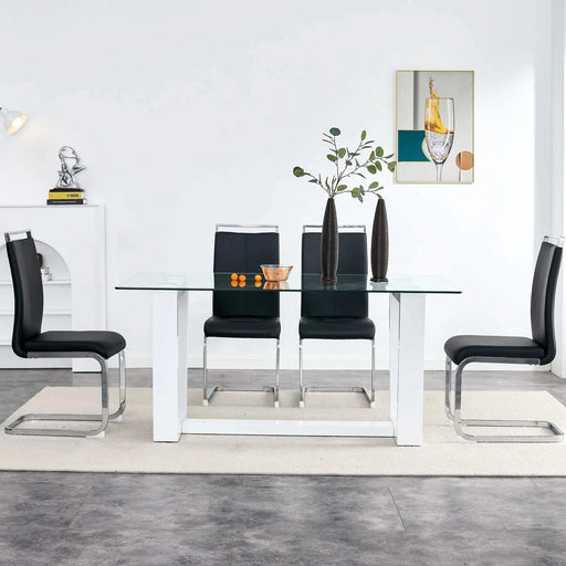 Glass Dining Table Large Modern Minimalist Rectangular for 6-8 with 0.4' Tempered Glass Tabletop and white MDF Trapezoid Bracket,For Kitchen Dining Living Meeting Room Banquet Hall F-1550 Default -DTYStore