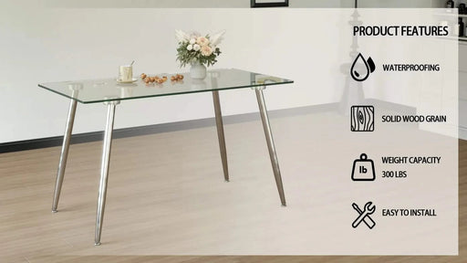 Glass Dining Table, Modern Rectangular Table with Tempered Glass Tabletop & Sliver metal Legs, Simplistic Kitchen Table, Versatile Table for Home Office (0 damage) Default -DTYStore
