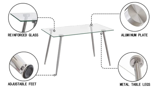 Glass Dining Table, Modern Rectangular Table with Tempered Glass Tabletop & Sliver metal Legs, Simplistic Kitchen Table, Versatile Table for Home Office (0 damage) Default -DTYStore