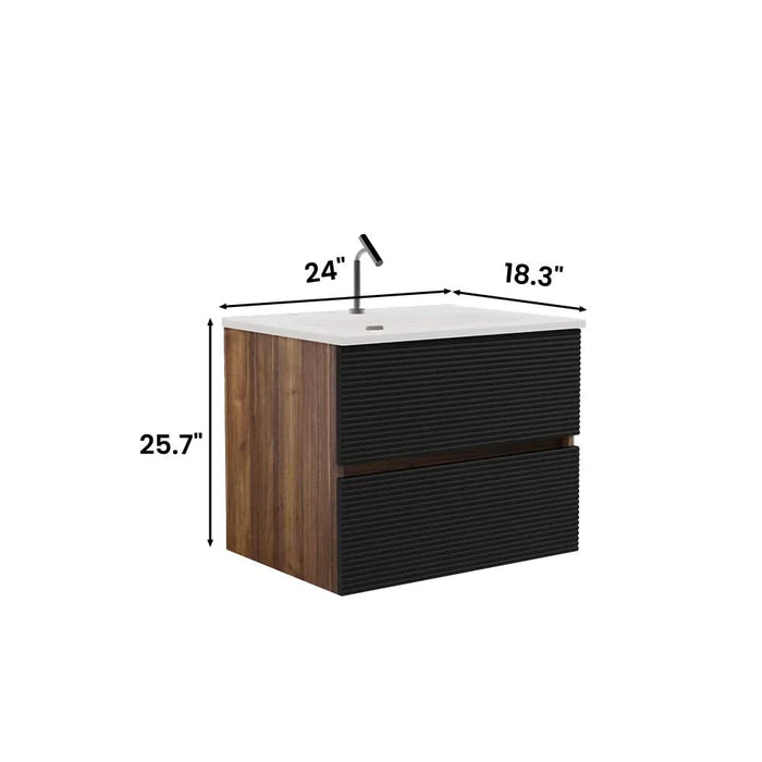 Gloria 24' Wall Mounted Soft Black & Walnut Bathroom Vanity with Integrated Ceramic Sink with Overflow, Large Storage Floating Bathroom Vanity for Modern Bathroom, Pre-assembled Default -DTYStore