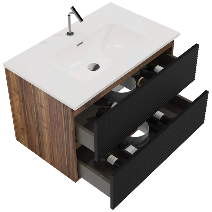 Gloria 30' Wall Mounted Soft Black & Walnut Bathroom Vanity with Integrated Ceramic Sink with Overflow, Large Storage Floating Bathroom Vanity for Modern Bathroom, Pre-assembled Default -DTYStore